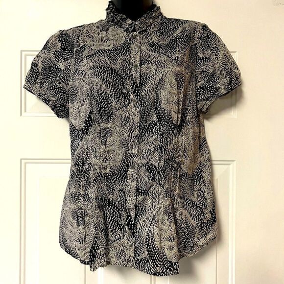 VTG 90s The Limited Black White Dot Floral Puff Cap Short Sleeve Button Shirt L - Picture 1 of 15